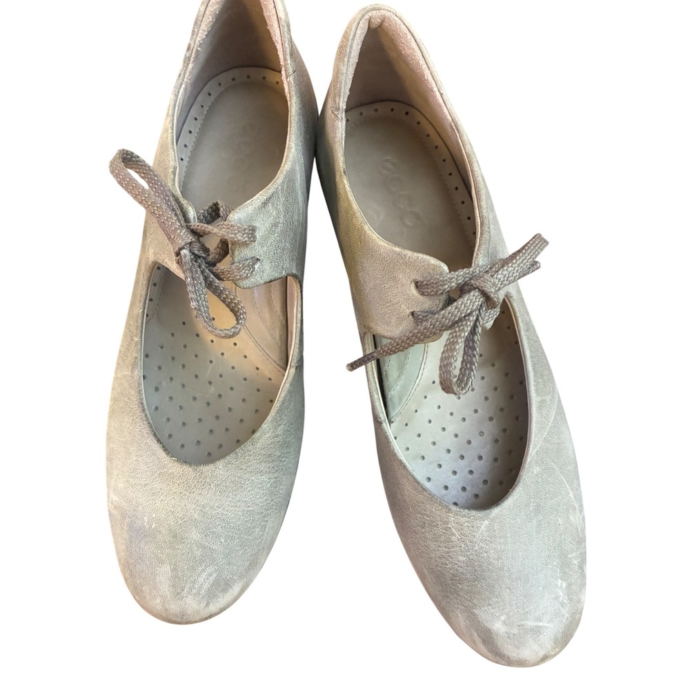 ECCO Y2K Vintage Leather Mary Jane Lace Up Heels Taupe Gray Comfort Shoes 8.5